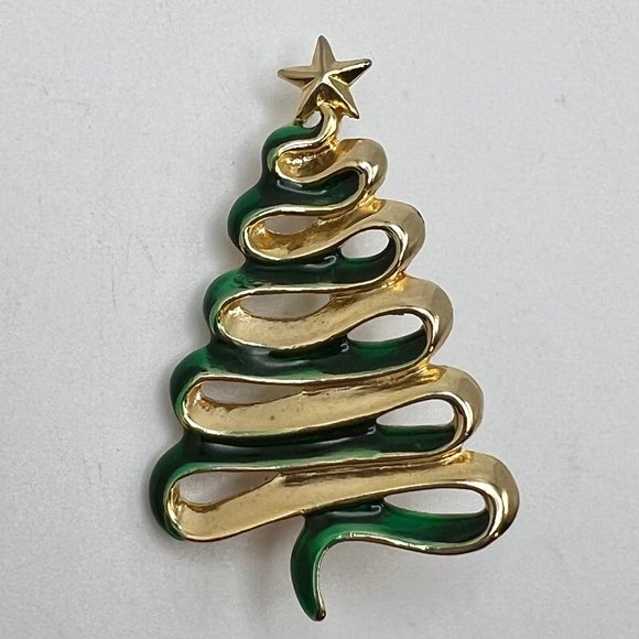 Christmas Tree Brooch Danecraft Green Ribbon - Picture 1 of 4